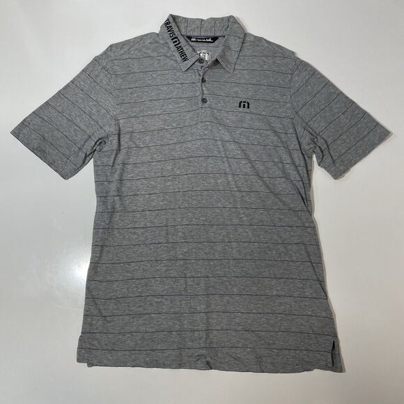 Travis Mathew Men’s Polo Shirt Gray Blue Stripe Golf Tour Embroidered Med - Picture 1 of 7
